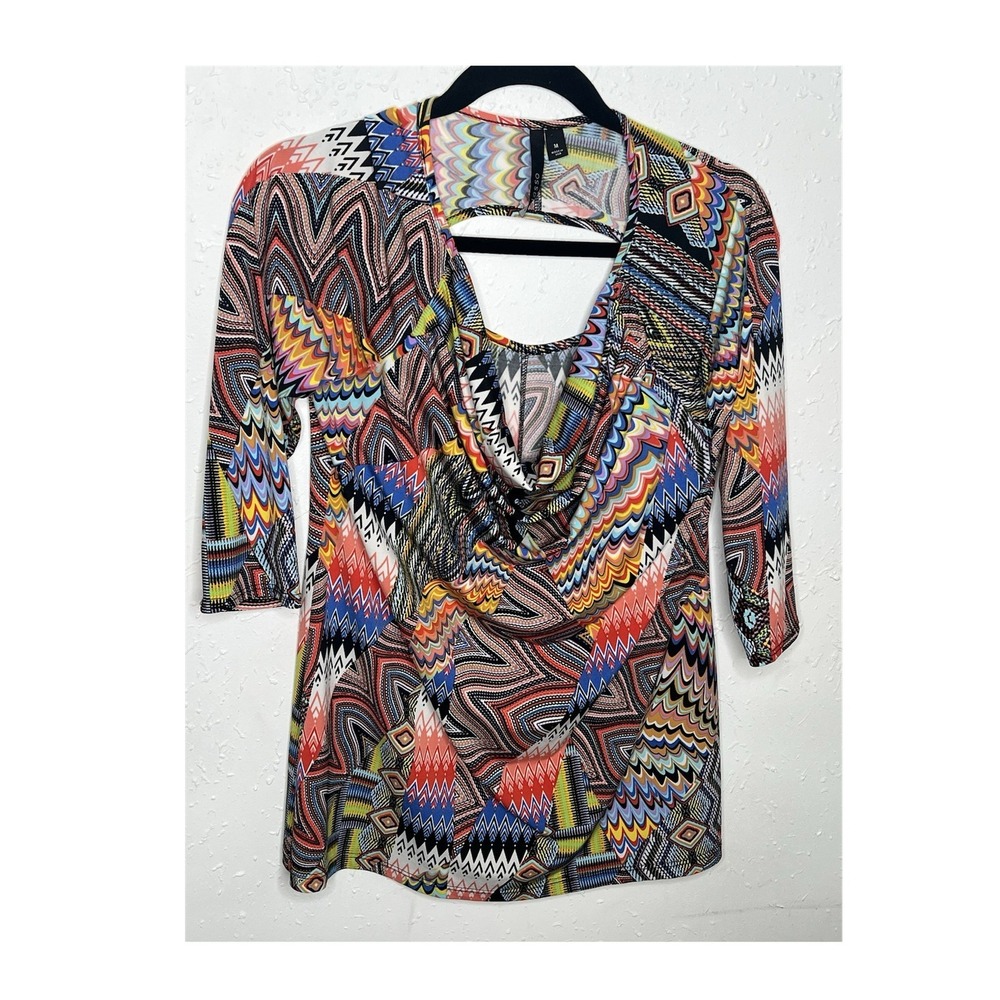 Xhilaration Multicolor Geometric Tunic Blouse M Cowl Neck Cut-Out 3/4 Sleeve